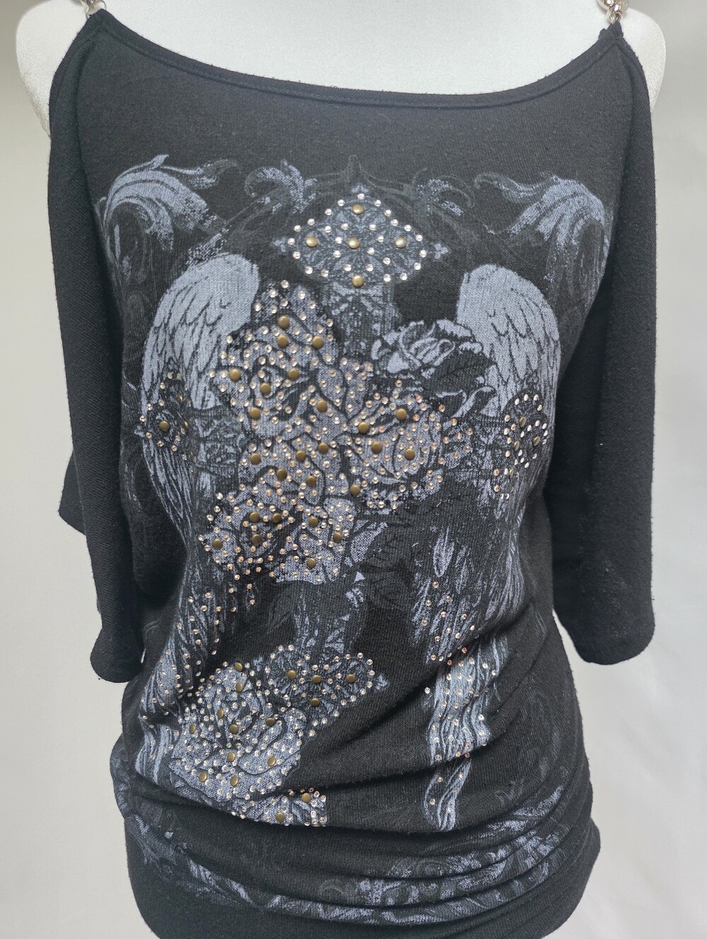 Umgee Black Embellished Wing Cross Tunic Top Large Boho Rhinestone Studded - Picture 2 of 8